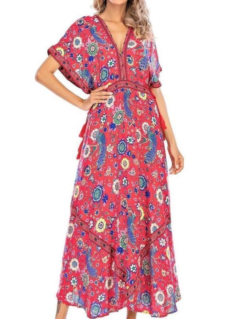 R.Vivimos Boho Peacock Floral Print Maxi Dress Red V-Neck Medium